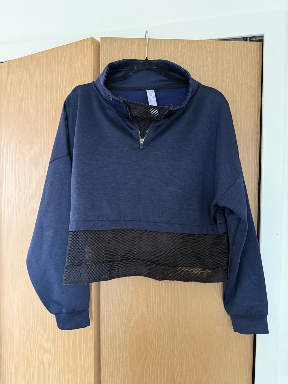 Women’s Navy Cropped Pullover with Black Mesh Trim